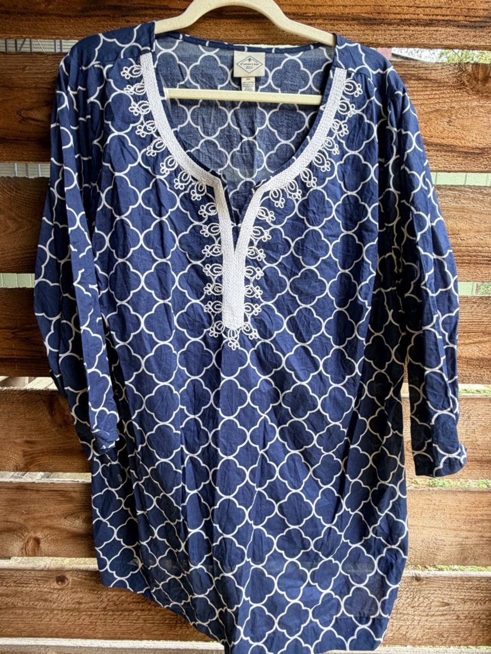 St. John's Bay Navy and White Printed Tunic with Embroidered V-Neck